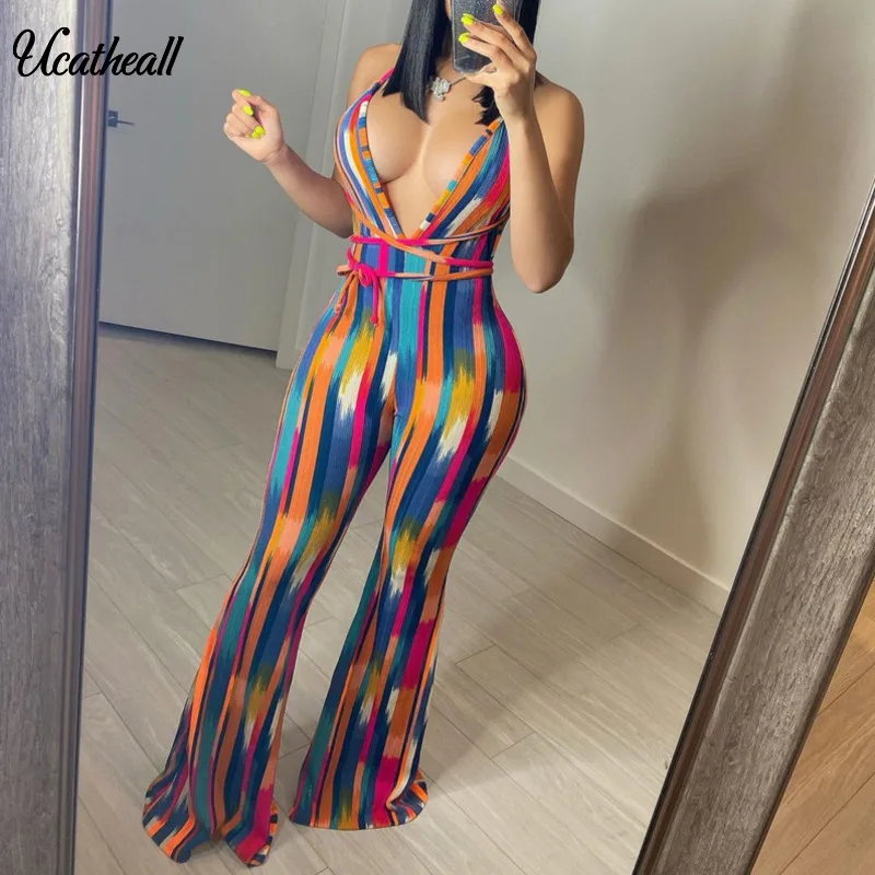 

Nightclub Party Wear Women Striped Printed Jumpsuits Lady Sexy Halter Deep V-neck Backless Hollow Out Skinny Rompers