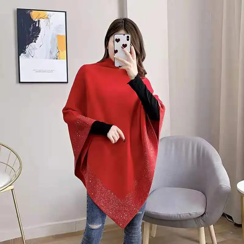 

Fashion Crystal Rhinestone Black Batwing Cape Smock Warm High Neck Loose Cloak Poncho Sweater Knit Coat Overcoat Pullover Jumper