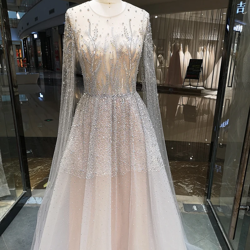 

Islamic Saudi Arabic Long Evening Dresses With Cape Shawl Long Grey Luxury Beading Appliques O Neck Muslim Women Formal Gowns