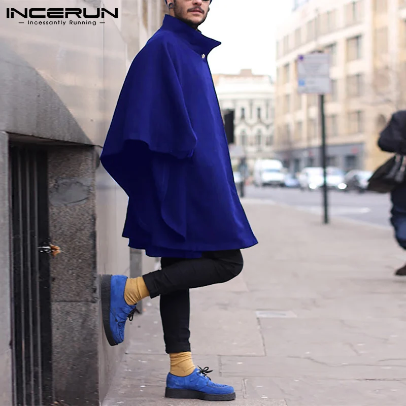

INCERUN Men Coats Cloak Solid Lapel One Button Streetwear Loose Fashion Ponchos Faux Wool Blends Casual Men Trench S-5XL 2021
