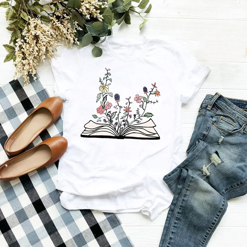 

Футболка женская летняя с коротким рукавом, милая футболка с цветочным принтом и книжками, топ с графическим принтом, Креативная одежда