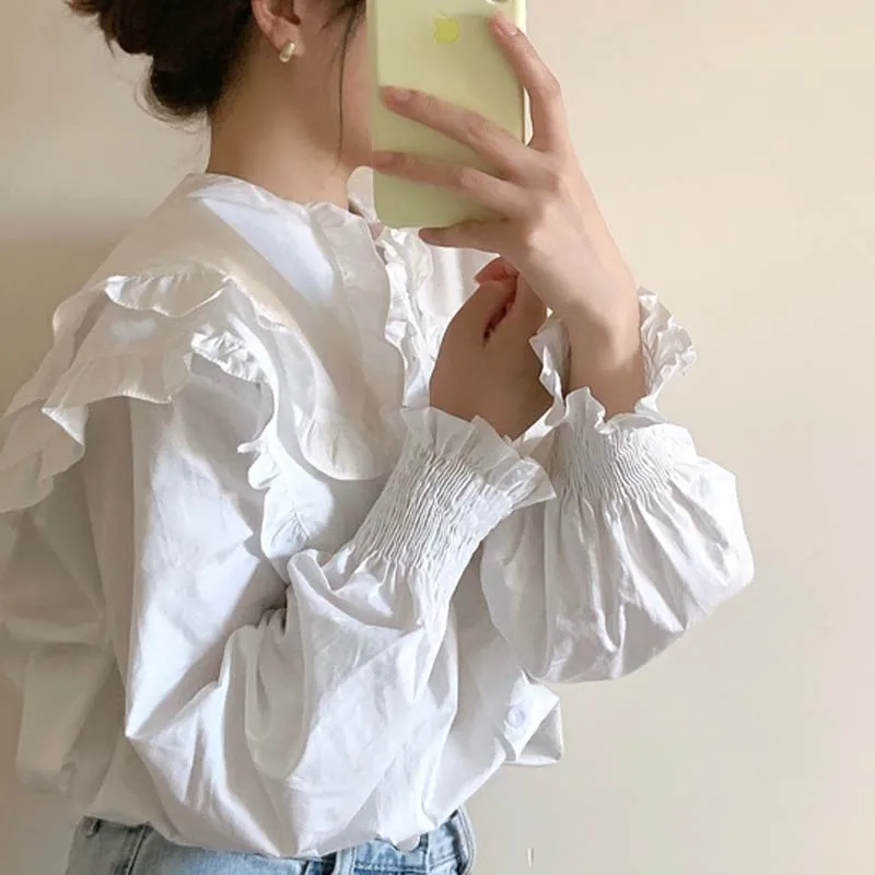 

2021 New Spring Shirts Double-Layer Ruffle Collar Solid All Match Retro Petal Sleeves Loose Fashion Women Blouses All-Match Tops