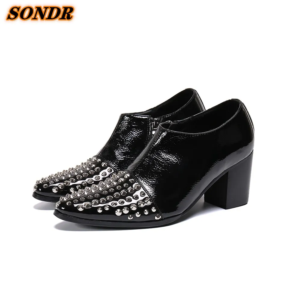 Туфли мужские из натуральной кожи заостренный носок заклепки высокий каблук