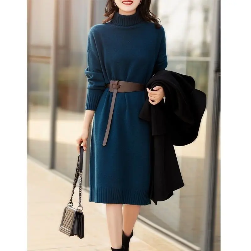 

Women 2021 Autumn Winter Warm Turtleneck Thick Knitting Sweater Dress Female Mini Dresses Ladies Casual Long Sleeve Vestido X378