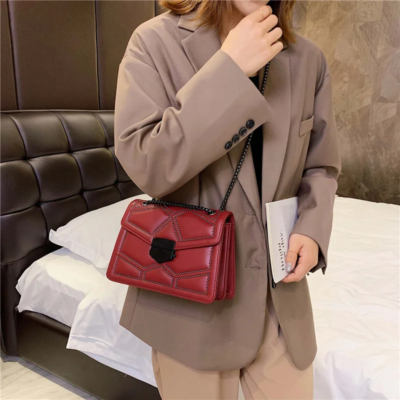 

Rivet Chain Brand Designer PU Leather Crossbody Bags For Women 2021 Simple Fashion Shoulder Bag Lady Luxury Small Handbags
