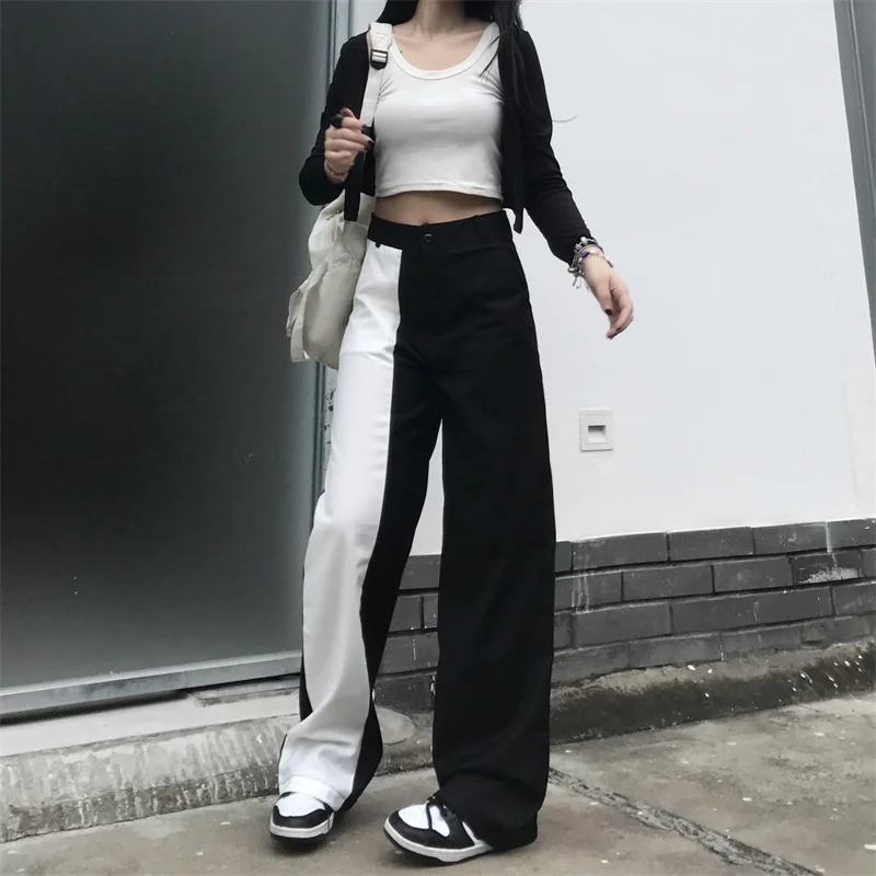 

Autumn Casual Trousers Black White Stitching Contrast Loose Wide Leg Straight Pants Women Harajuku Pantalon Femme Streetwear