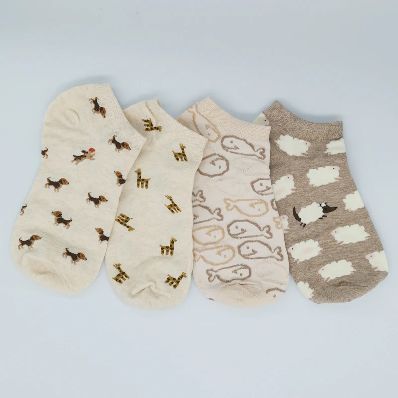51244-Khaki Caramella/4 пары уютных женских носков, веселые модные короткие носки с изображением животных, милые мягкие короткие носки для девочек - Цвет: 51244-Khaki
