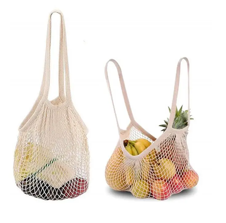 Beste 100Pcs Boodschappentassen Handtas Shopper Tote Mesh Netto Geweven Katoen Pouch String Herbruikbare Fruit Opbergtas Groenten Organizer Sn