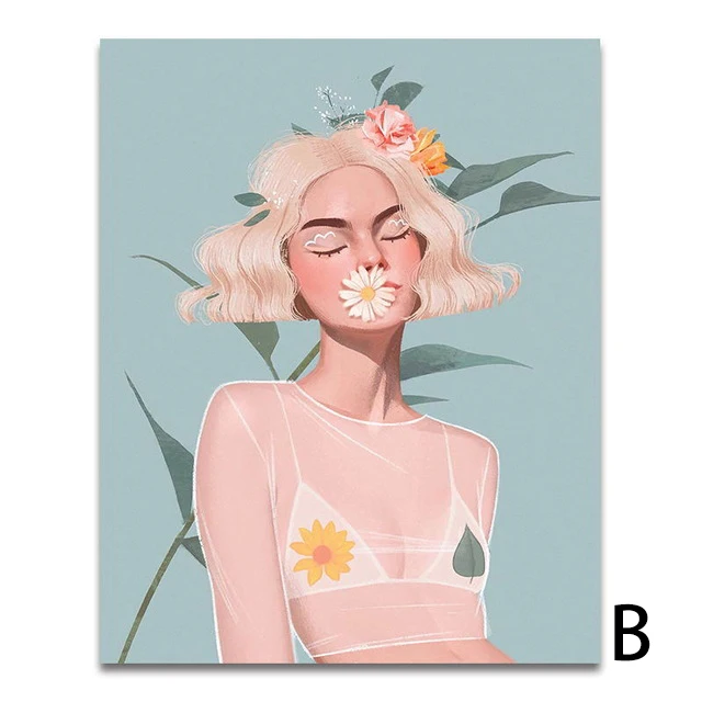 

Abstract Flowers Girl Illustration Nordic Poster Leaf Wall Art Canvas Painting Wall Pictures For Living Room Home Decor Unframed