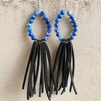 personality tassel western fashion semi precious stone beads hoop earrings ethnic style leather long fringe drop earring gift