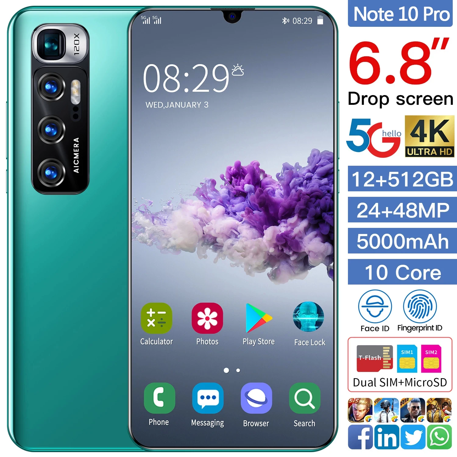 Смартфон Note 10 12 + 512 ГБ 5000 мАч 6 8 дюйма 4G| |