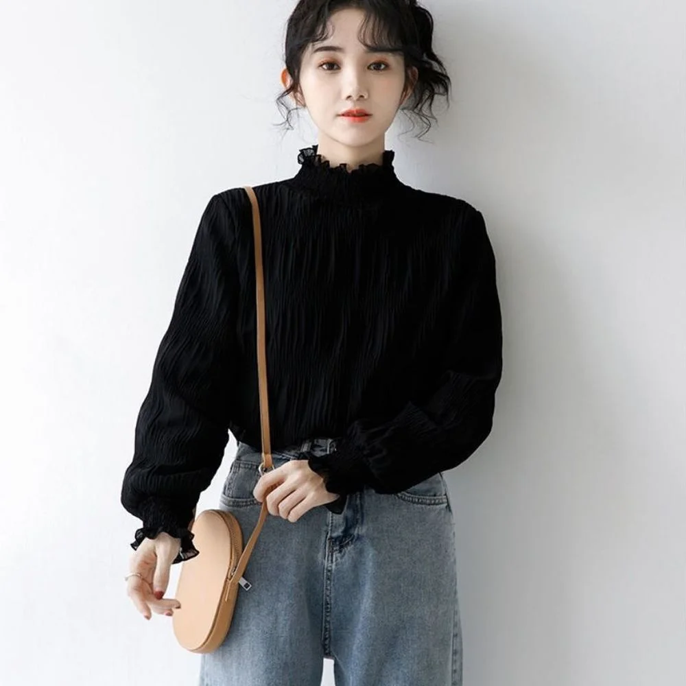 

Blouses Women Pure Turtleneck All-match Stylish Casual Artistic Newest Korean Style Mujer Popular Clothes College Spring Classy