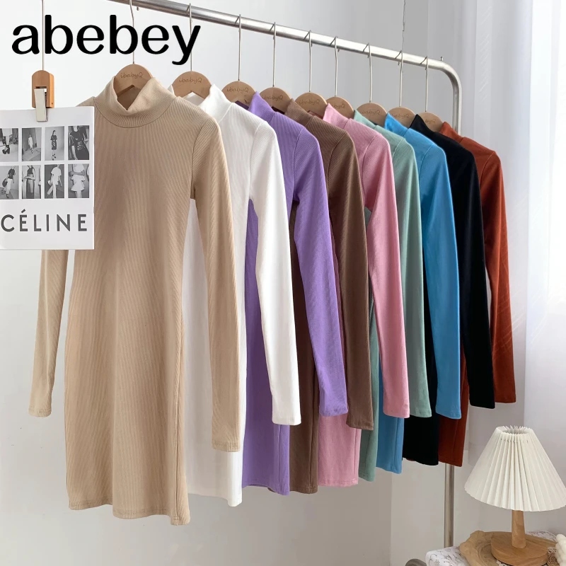 

Модное платье с высоким воротником и длинным рукавом, однотонное разноцветное платье с высокой талией, эластичное короткое платье с запахо...