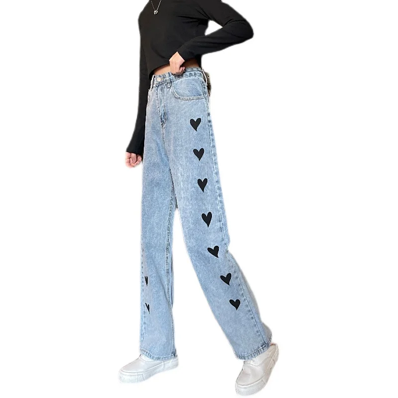 

Embroidered love high waist jeans women wild straight wide leg pants trousers 2021 summer Korean fashion women's clothing