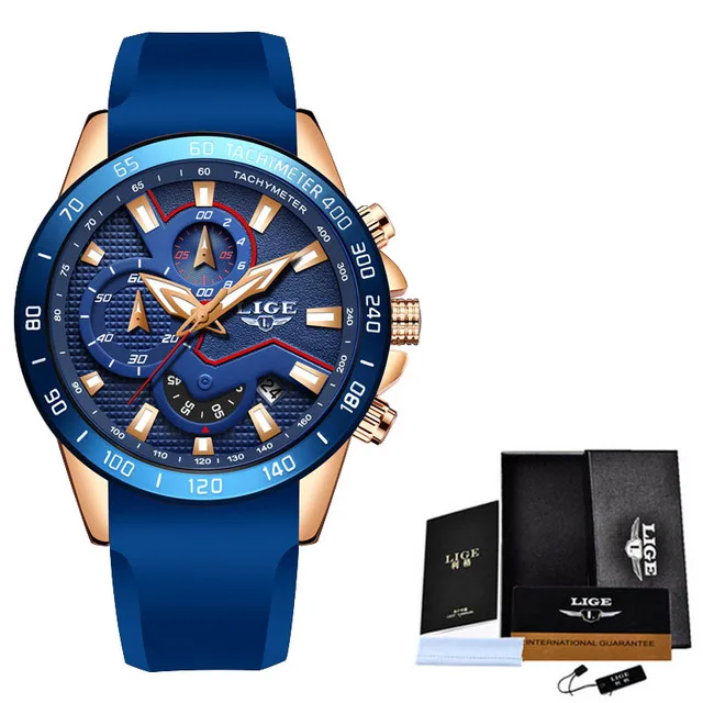 Rose Gold Blue LIGE новые мужские золотые часы Топ бренд Роскошные бизнес часы мужские спортивные кварцевые часы с датой водонепроницаемые часы Relogio Masculino - Цвет: Rose Gold Blue