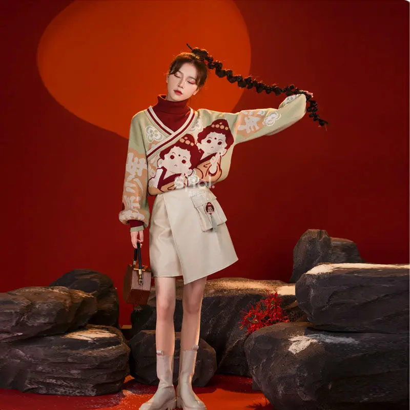 

Women Suits Chinese Style 2022 New Fashion Spring Autumn Vintage Full Pullover Turtleneck Sweater PU Skirt 2 Piece Set