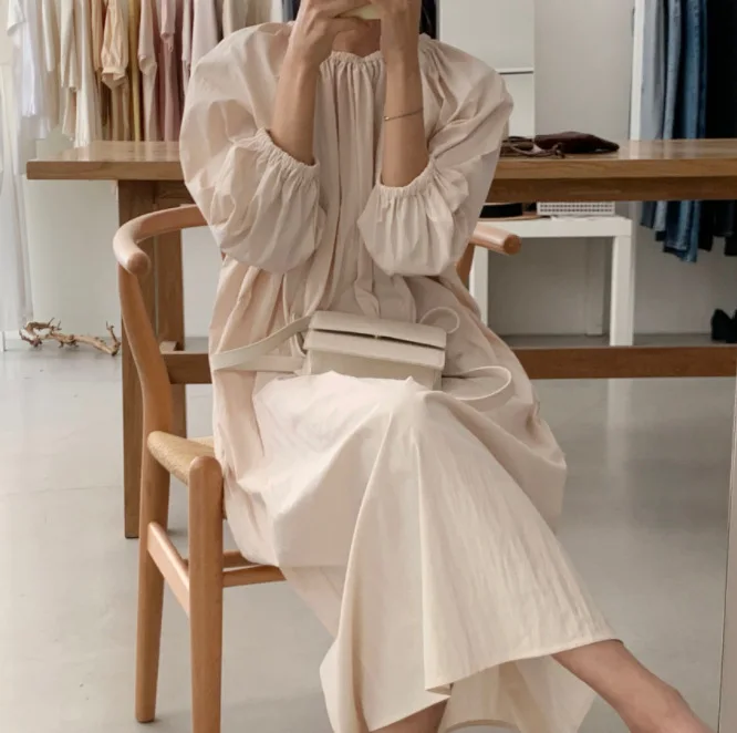 

2021 Korean Dress for Women Spring Autumn Solid Color Three-quarter Sleeve O-neck Loose Casual Midi Long Dress