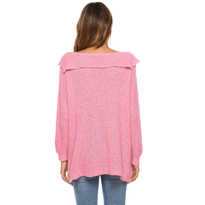 

European American Women Sexy One-neck Strapless Sweater Spring Autumn Knit Sweater Women's Mid-length Loose Pullover
