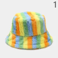 faux fur women bucket hat girl rainbow striped winter fluffy female fisherman cap warm casual ladies hat