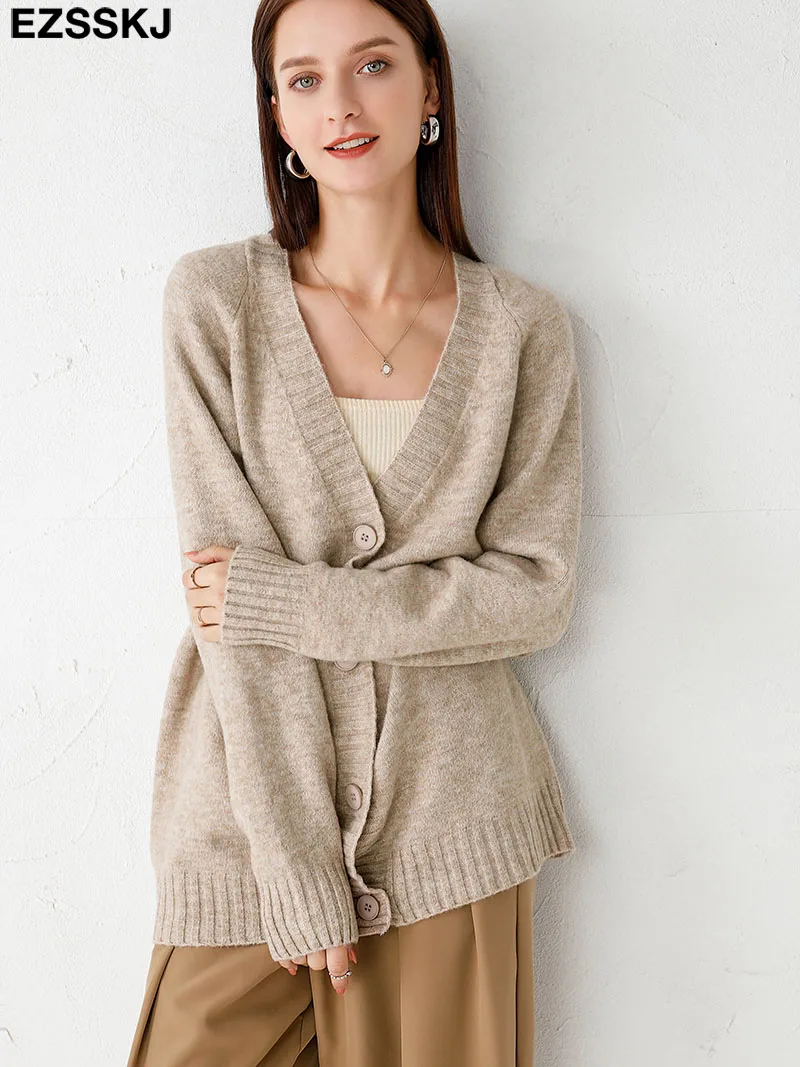 

Женский длинный кардиган с V-образным вырезом, элегантный трикотажный жакет-кардиган для весны и осени, 2021