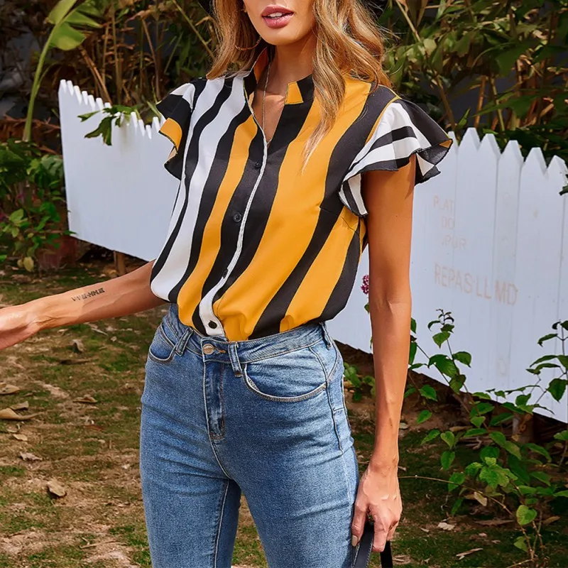 

Office Ladies Blouse Summer Ruffles Sleeveless Shirts Female Top Women Striped Print Blouses