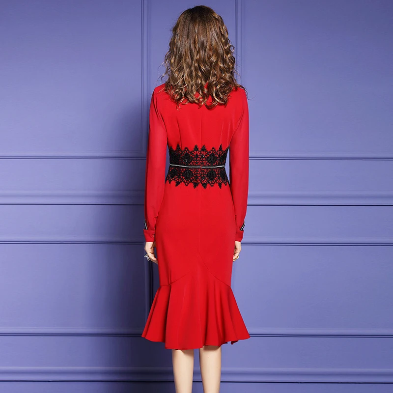

2021 New Fashion Designers Women Long Sleeve Embroidery Patchwork Spring Trumpet Dress Office Party Robe Red Vestidos