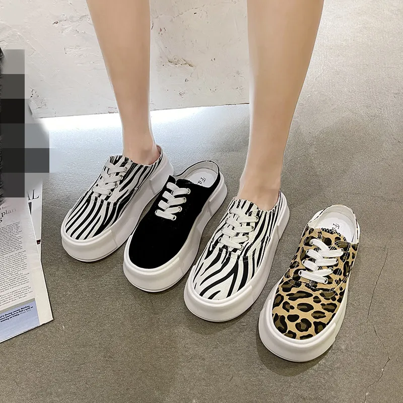 

Shoes Woman 2021 Female Slippers Platform Low Cover Toe New Leopard PU Slides Fabric Rubber Hoof Heels Cross-tied leopard Canvas