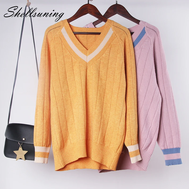 Shellsuning/женский свитер с вырезами Зимний пуловер в полоску v-образным вырезом