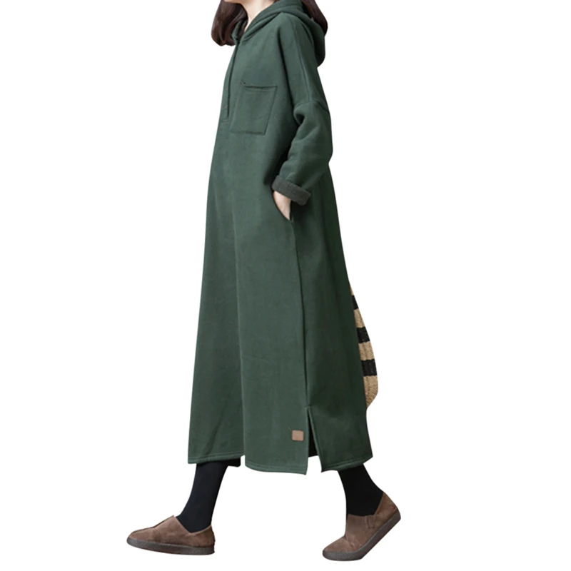 Модное женское платье с капюшоном винтажное однотонное повседневное свободное