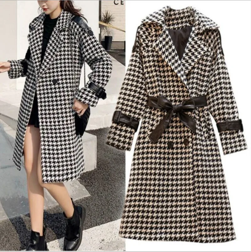 Winter Woman Coats 2020 New Large Women's Wear Versatile Thousand Bird Check Medium Length Waist Coat Thickened Woolen Coat