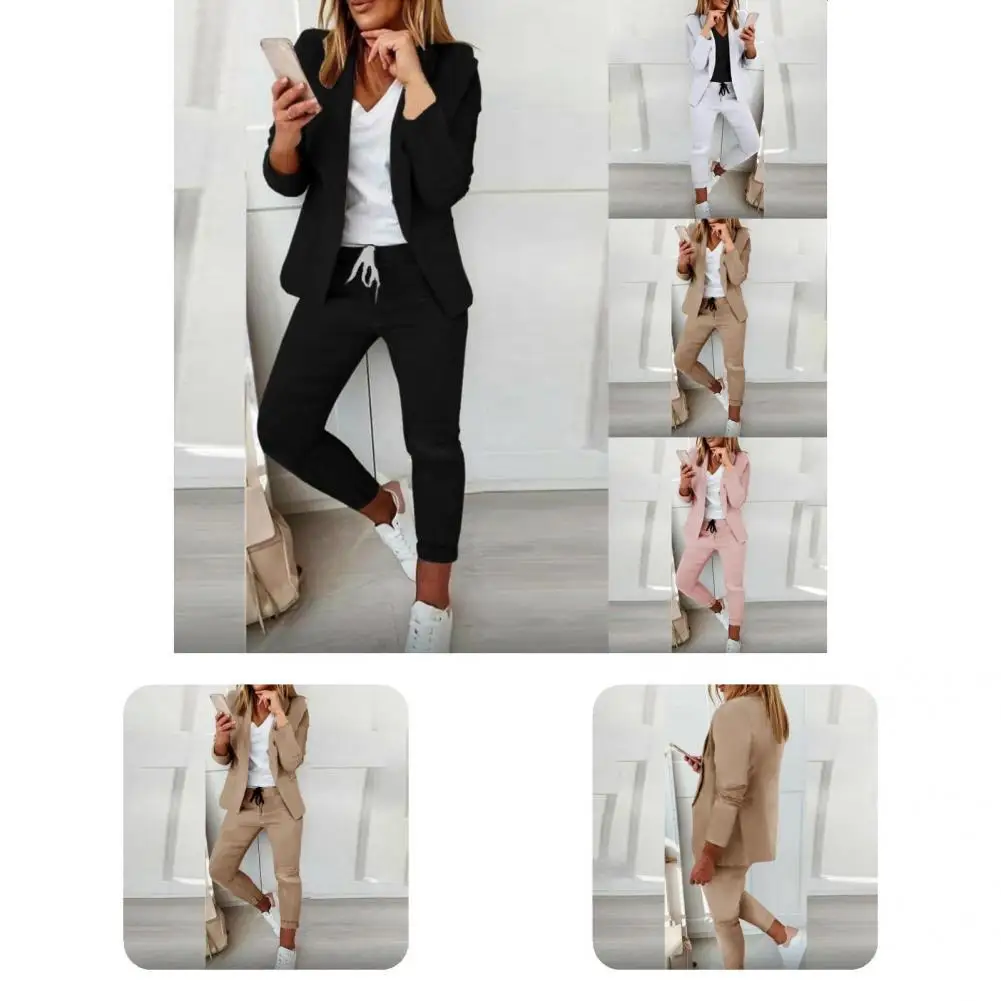 

1 Set Attractive Blazer Trousers Streetwear Women Suit Set Long Sleeve Breathable Pure Color Slim Suit Set