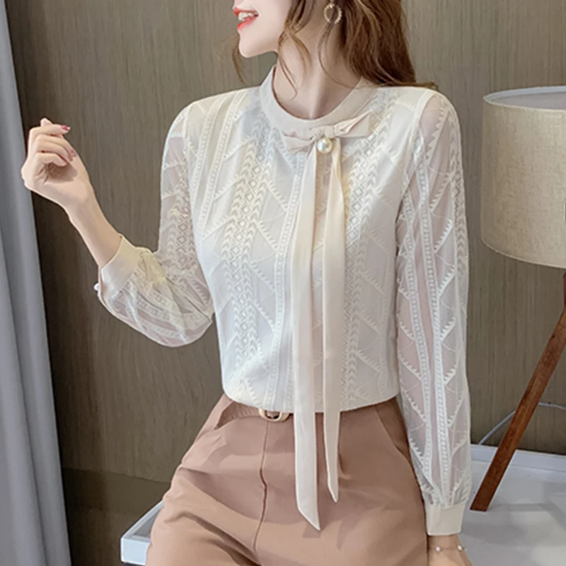 H Han Queen New Lace Women Blouses Lace-up Loose Shirt Simple Basic Top Work Casual Vintage Blouse Korean Hollow Out Blusa | Женская