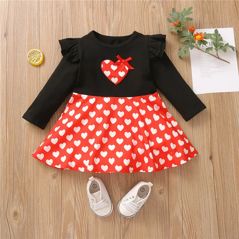 

Valentine's Day Dress Baby Girl Casual Clothes Long Sleeve Round Neck Heart Print Ruffle Loose Swing Dress