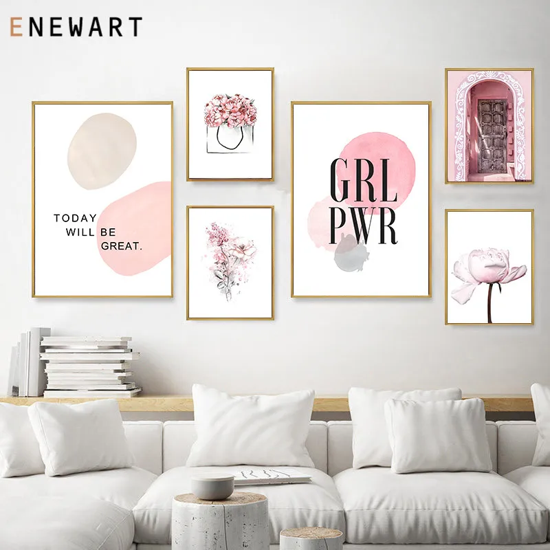 

Pink Flower Wall Art Canvas Poster Old Gate Muslim Print Nordic Women Room Decorative Picture Girl Power Painting Modern Decor