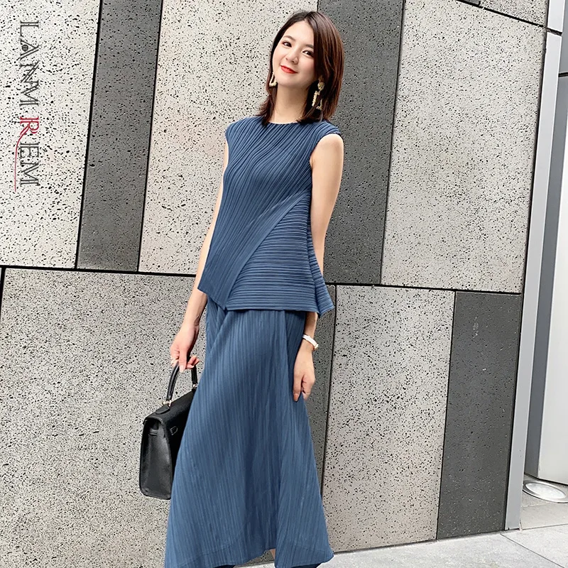 

LANMREM 2022 Новая мода корейский короткий рукав свободный Круглый Вырез Топ Асимметричная юбка женская темпераментная одежда 2D3632