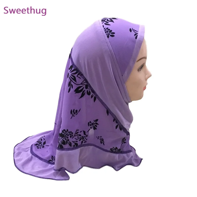 

2021 beautiful small girl Mesh printed Al amira hijab fit 2-7 years old kids pull on islamic scarf headscarf