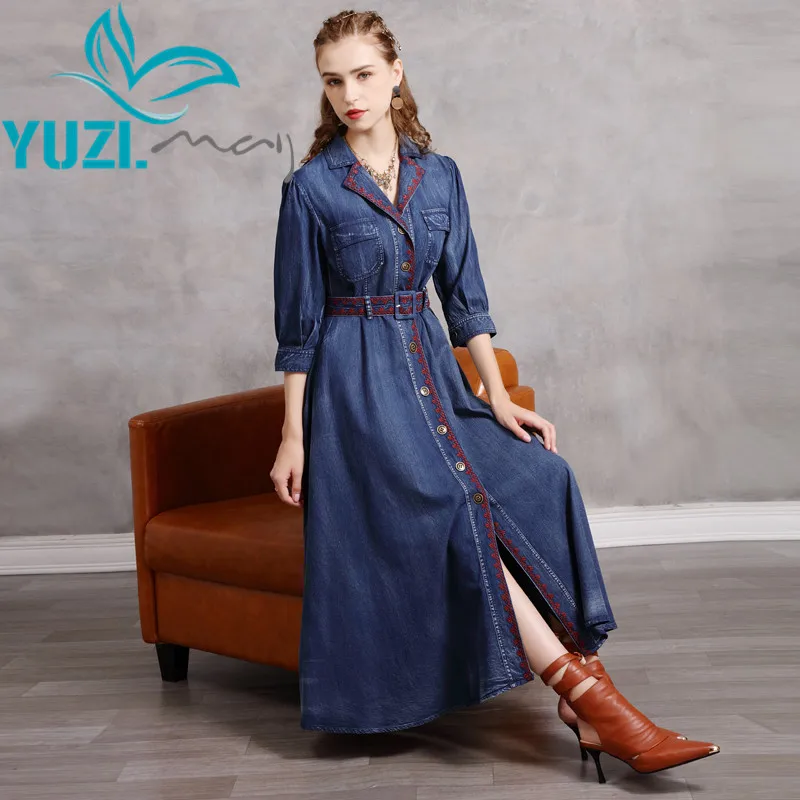 Woman Dress 2020 Yuzi.may Boho New Denim Wonen Dresses Turn-down Collar Vintage Embroidery Belted Long Vestidos A82268 Vestido
