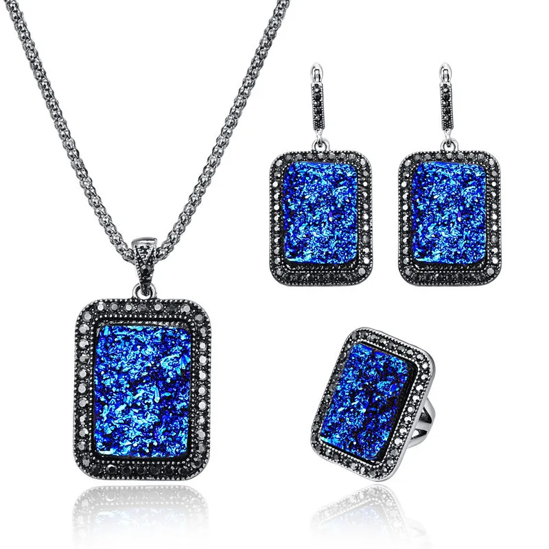 

CSHOU73 Fashion black rectangular gravel resin necklace earrings ring three set Gift Link For Buyer