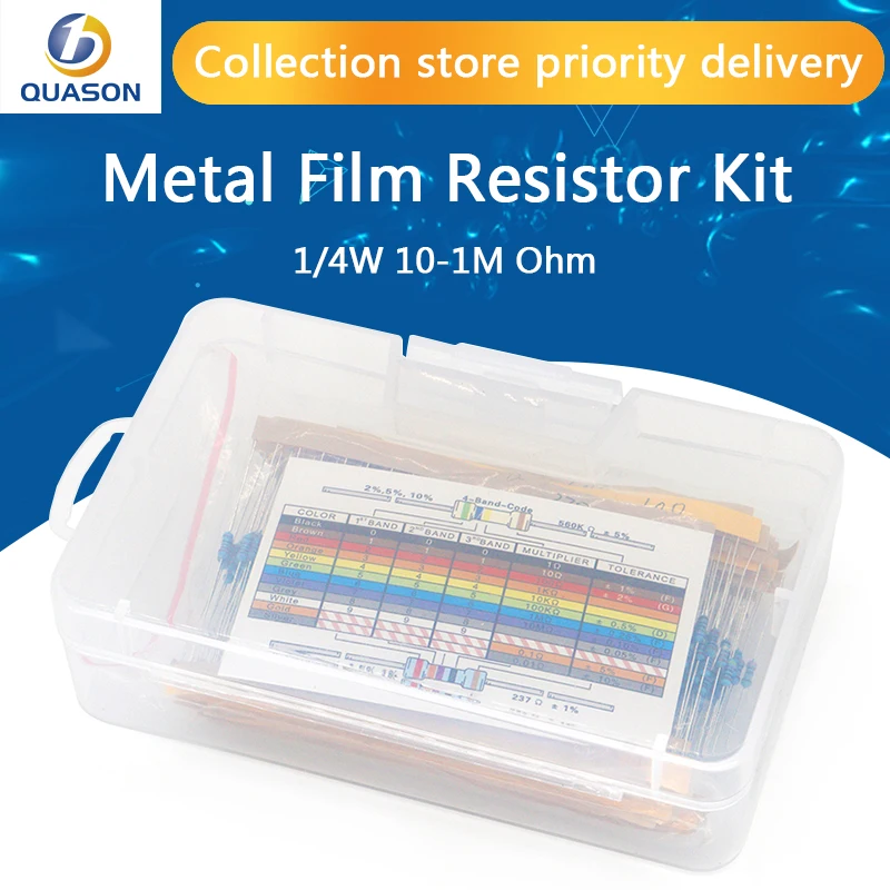 

600PCS/LOT 1/4W Metal Film Resistor Kit 1% Resistor Assorted Kit Set 10 -1M Ohm hm Resistance Pack 30 Values each 20 pcs