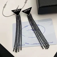 trendy exquisite inverted triangle black crystal tassel drop earrings for women high quality jewelry aaa zircon s925 needle gift
