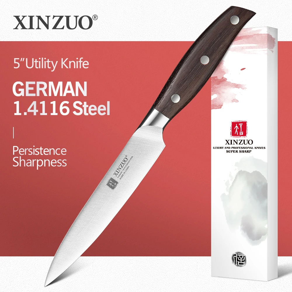 

XINZUO 5'' Utility Knife GERMAN DIN1.4116 Steel Kitchen Knife Red Sandalwood Handle Peeling Vegetables Cook Knives Kitchen Tools