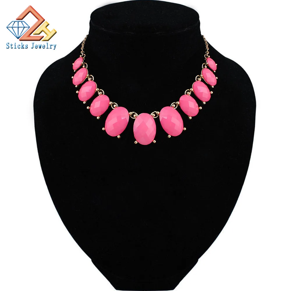 

Pink Resin Necklaces Boho Statement Gold Color Vintage Lady Dress Choker Pendant