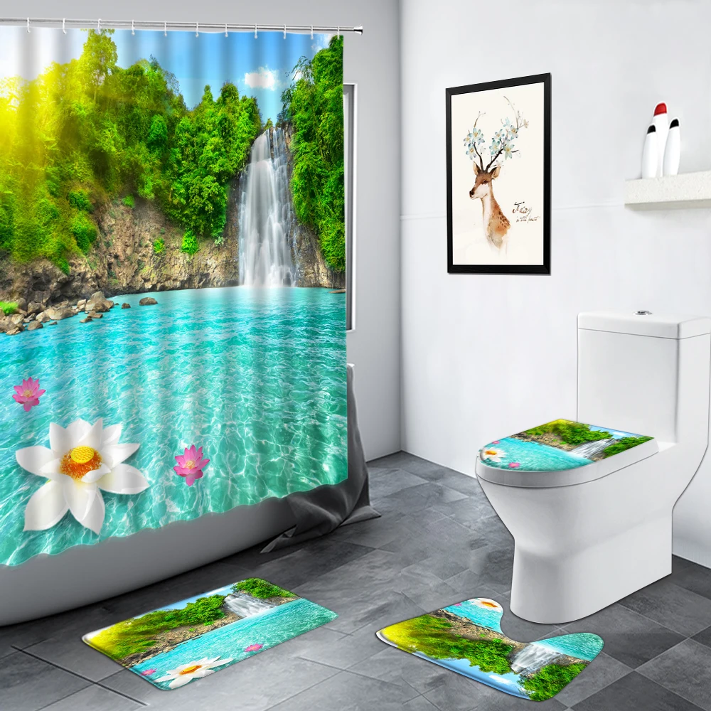 

Forest Waterfall Landscape Shower Curtain Green Plants Lotus Flowers Scenery Bathroom Decor Toilet Lid Non-slip Rug Bath Mat Set