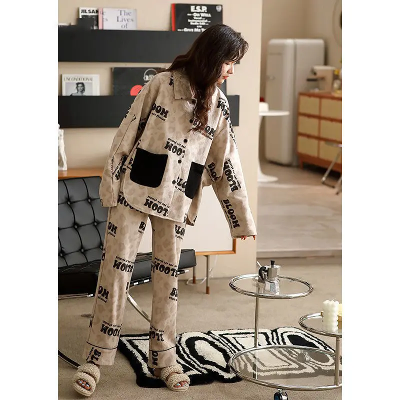 QWEEK Pajama Set Women Letter Print Plus Size Pijamas Spring Autumn Sleepwear Cotton Pyjamas Pocket Home Clothes New Fashion