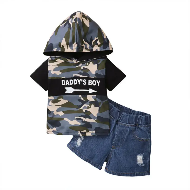 

Baby Boys Kids Camouflage Short Sleeve Suit Summer Cute Printed Hooded T-shirt Jeans Casual Shorts Fashion Loose Children