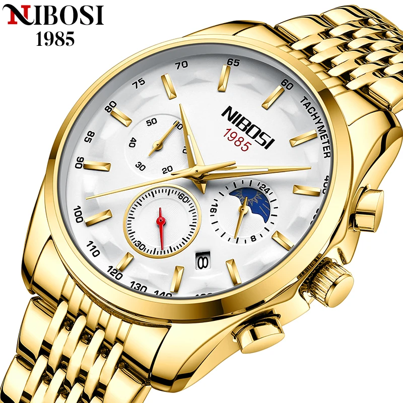 NIBOSI 2021 New Watches Mens Luxury Stainless Steel Waterproof Quartz Watch with Chronograph Busines