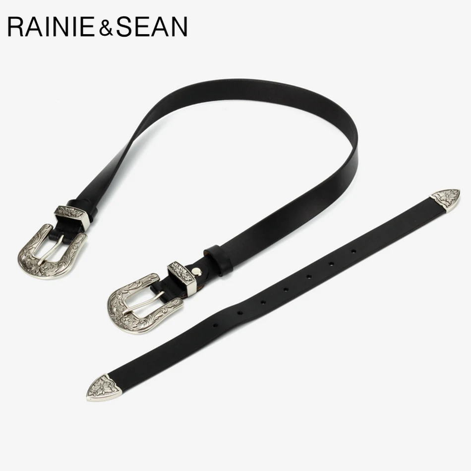 Ремень RAINIE SEAN женский из натуральной кожи с двойной пряжкой и винтажной Резной