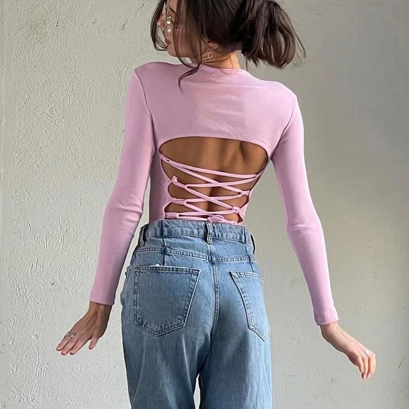 

Rapcopter Backless Lace Up Bodysuits Long Sleeve Solid Bodycon O Neck Skinny Rompers Women Autumn Winter Tee Streetwear Playsuit
