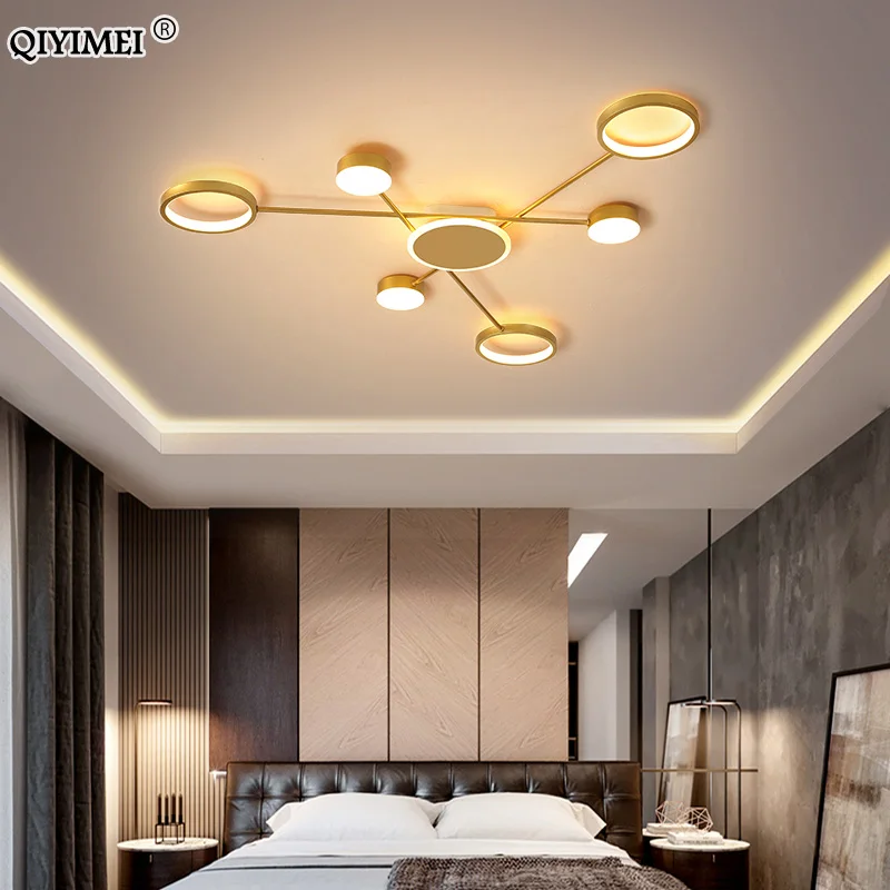 Lámpara de araña LED dorada y negra para sala de estar, luces de cama, Control remoto, techo inferior, Luminaria para interior