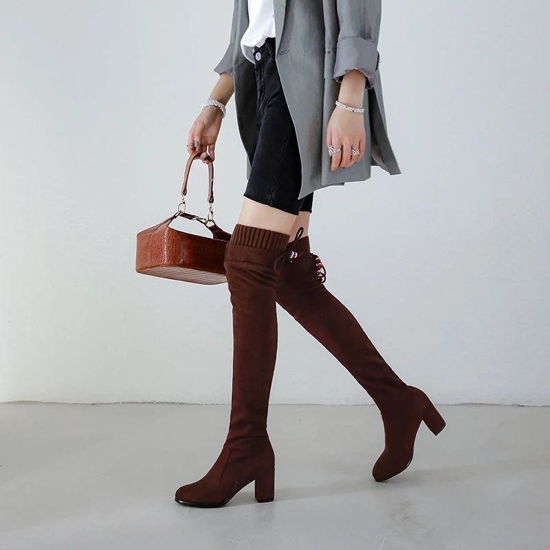 brown Short plush LVABC/ г. Новые женские ботфорты из флока пикантная Осенняя женская обувь на высоком каблуке со шнуровкой зимние женские сапоги Размер 33-43 - Цвет: brown Short plush